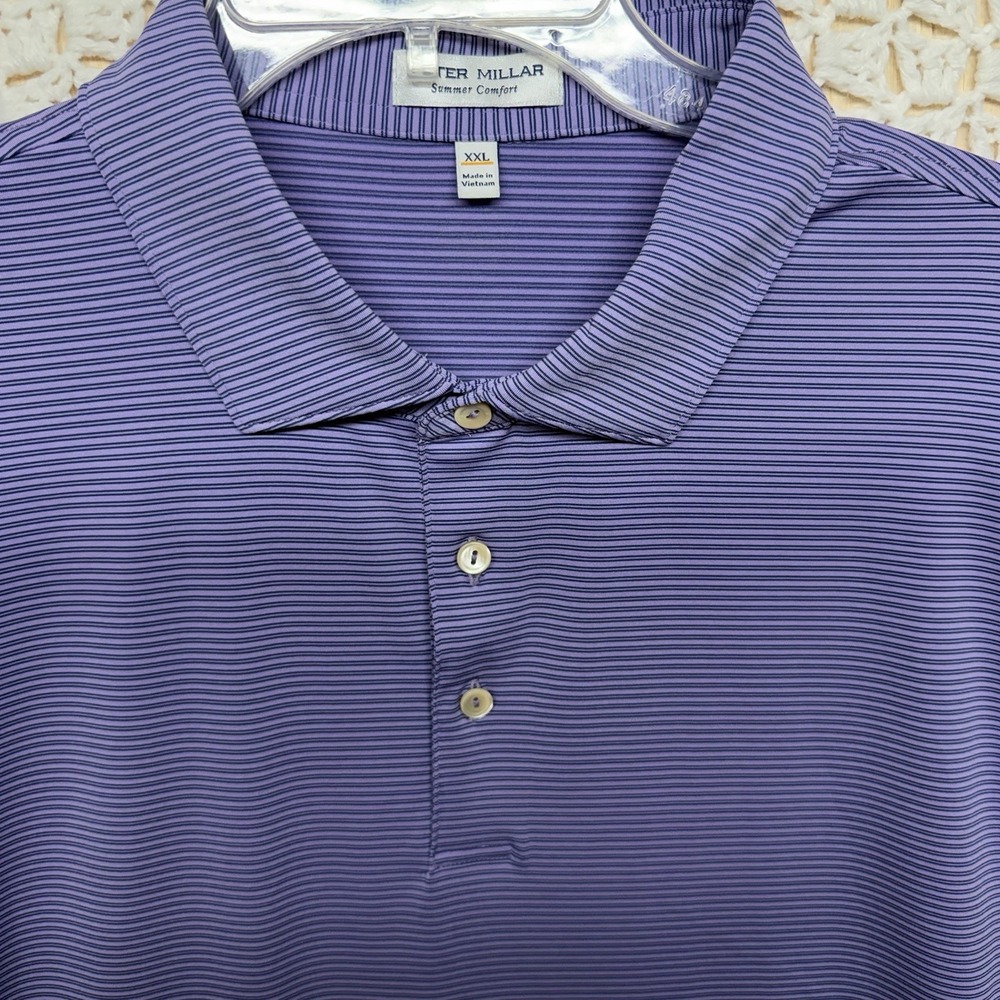 Peter Millar Polo Shirt Mens 2XL Purple Striped Summer Comfort Performance Golf